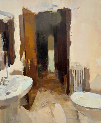 Interior #203 - Oil on wood, 61 x 50 cm. Available on Espacio75 Gallery