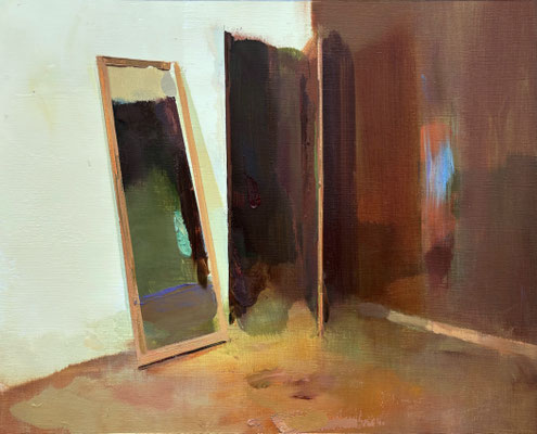 Door and mirror - Oil on paper,  35 x 44 cm. Available