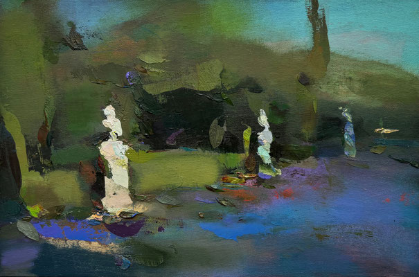 'Garden view (Three Emperors)' Oil on panel, 41 x 27 cm - Available at Meyer Vogl Gallery