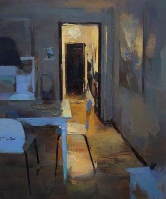 Electric light (Interior #200) Oil on wood, 46 x 55 cm.  *Sold*