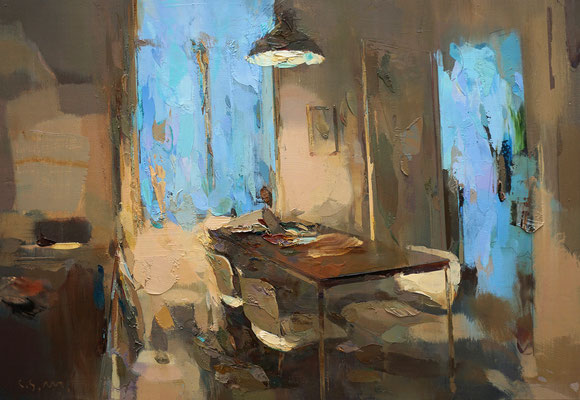 Electric light (Interior #199) Oil on wood, 38 x 55 cm.  *SOLD*