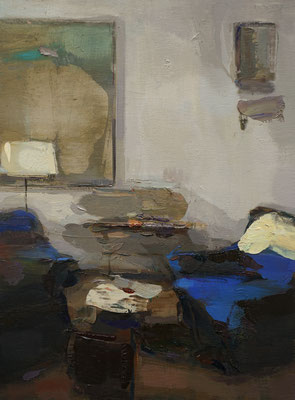 'Blue armchairs' 2022. Oil on canvas on board, 46 x 34