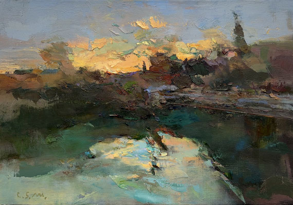 Bridge reflection - Oil on linen, 38 x 55 cm. Available on Saatchi Art