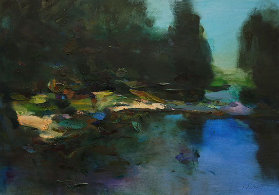 Pond in the garden #2 - Oil on wood, 38 x 55 cm.  *SOLD*