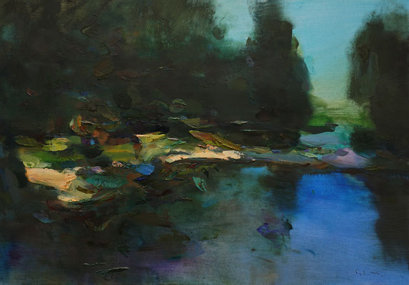 Pond in the garden #2 - Oil on wood, 38 x 55 cm.  *Sold*