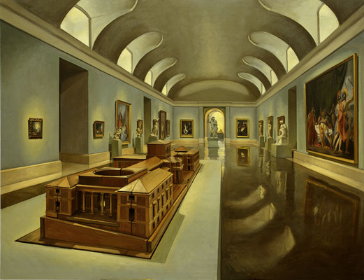 Vista de la sala 75 del Museo del Prado, con el modelo de Villanueva. Óleo sobre lienzo, 100 x 130 cms.