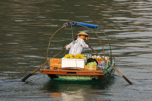 Eine Frau  verkauft Lebensmittel in einem Ruderboot, Halong Bay Vietnam, Asien 