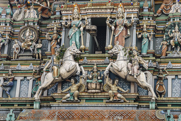 Detail of the Sri Mahamariamman Hindu Temple with figures and horses, Kuala Lumpur, Malaysia, Asia