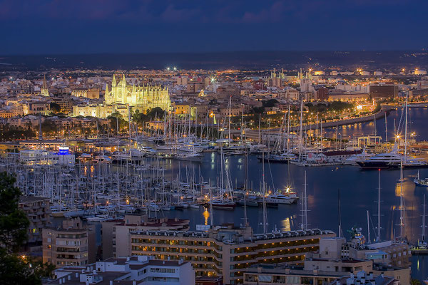 View on harbour, old town and cathedral, Palma, Majorca, Spain, Europe