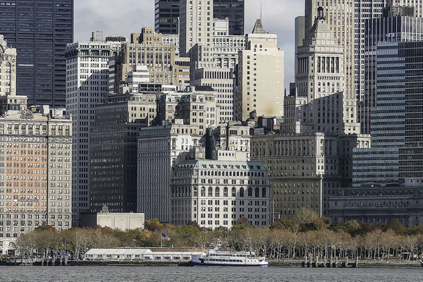 View from Liberty Island to the financial district of Manhattan, New York City, USA