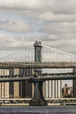 View from the old fishing port to the Brooklyn Bridge, with the Manhattan Bridge in the background, New York City, USA
