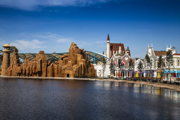 Landscape of houses in the Vinpearl Phu Quoc theme park, Phu Quoc island, Vietnam, Asia