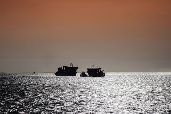 Ships against the light,Evening mood, Elbe, near, Cuxhaven, Lower Saxony, Germany