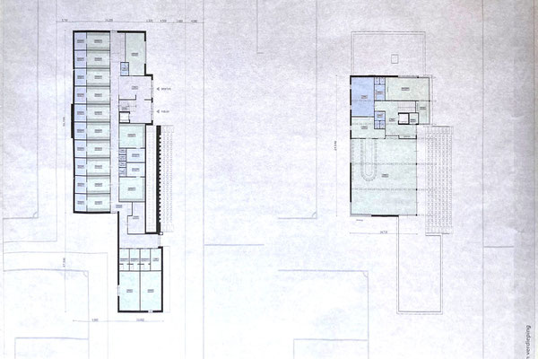Plattegrond van de kleedkamers (BG) en de kantine (verdieping) met dakterras