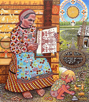Anja Mattenklott: "Die Erdmutter - Karelien", 70 cm x 80 cm, 2023-24, Gouache, Pigmente auf Leinwand