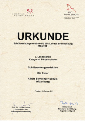 Urkundes des Landespreises Brandenburg | Albert-Schweitzer-Schule Wittenberge