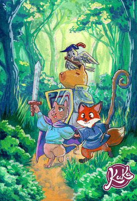 Gouache-Illustration einer tierischen Abenteurer-Truppe