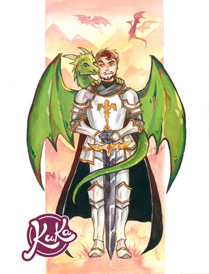 Gouache und Aquarell - Märchen Ritter mit Drache