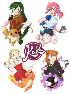 Vier Charakterdesigns für Spielercharaktere aus einem Pen and Paper zum Spiel Pokémon