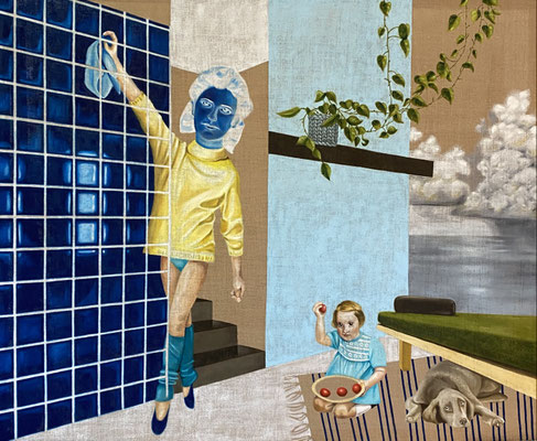 Stay at home, squeeze!; 2025, oil on jute, 150 x 180 cm