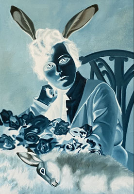 Armes Häschen bist du krank?; 2025, oil on jute, 100 x 70 cm
