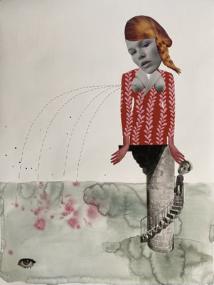 Rapunzel (lässt ihr Haar nicht runter); 2025, mixed media on paper, 80 x 60 cm