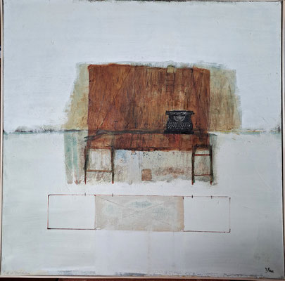 Tisch mit Schreibmaschine (Eit, Öl, Lw) 50x50