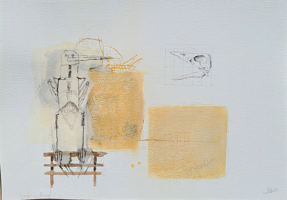 vogel am zaun (Kreide, Tusche, P.) 30x40
