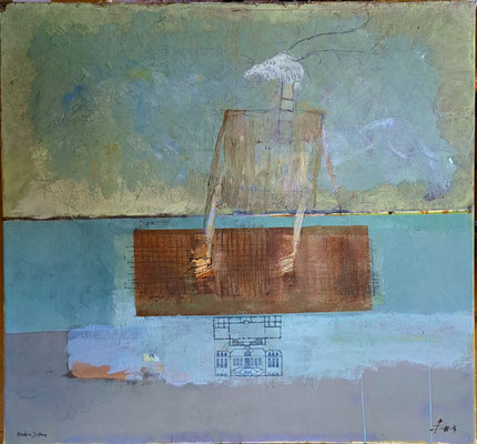 Hirsch mit Jagdhaus (Eit.,Öl, Leinwand) 60x60
