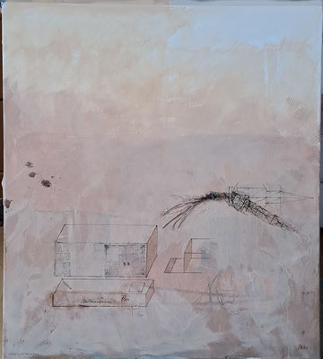 Stechmücke in möbliertem Raum (Eit., Öl, Tusche, Spagat, Leinwand) 65X65