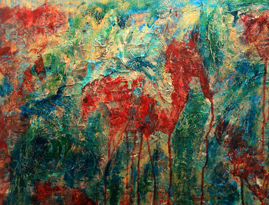 into the wild - Unikate, abstrakte Malerei, Action Painting, rot, blau, gold - 3