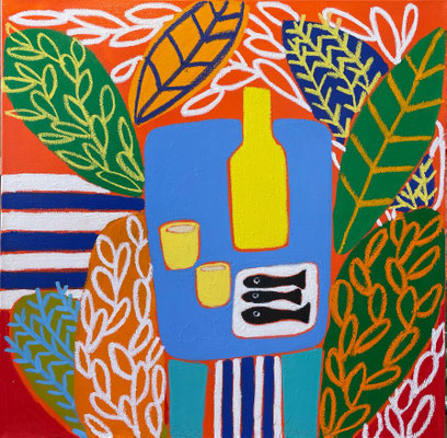 Gordon Hopkins 100X100cm-"Little blue table still life" 2023 - huile sur toile - Galerie Gabel, Biot