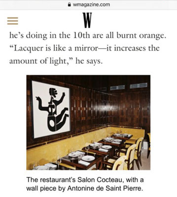 Couverture du magazine W dans lequel figure un bas relief d'Antonine de Saint pierre accroché dans le restaurant Salon Cocteau