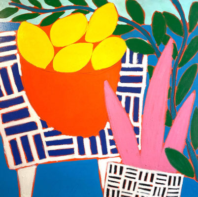 Gordon Hopkins 100X100cm-Lemons on blue and white table" 2022  - huile sur toile - Galerie Gabel, Biot