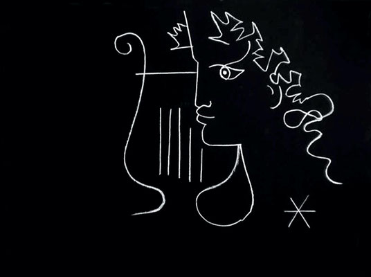 Jean Cocteau, Orphée à  la Lyre Craie blanche sur tableau noir 150 x 200 cm. Œuvre réalisée pour le film « Le Testament d’Orphée »* Certificat d’Annie Guédras Provenance : collection privée
