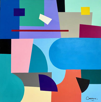 Stephane Chavanis, abstraction géométrique 100X100cm acrylique sur toile. Galerie Gabel- Biot- Côte d'Azur