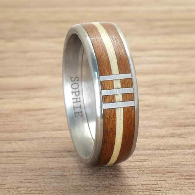 Edelstahlring mit Kirsch & Ahornholz + 3 Querlinien aus Alu