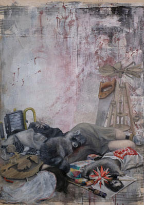 Lydia Balke "Hospitalism II / Morning, keep the streets empty. For me.", 2020, 180 x 125 cm, Öl und Acryl auf Stoffresten