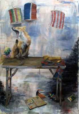 Lydia Balke. "RE-SAD (the silent slaughter of us killing each other)",2021, 180x125 cm, Öl auf Stoffresten