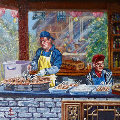 Satay sellers - Oil, 8 x 8 inches (20 x 20 cm)