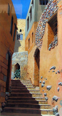 Alleyway, Jebel Akhdar village, Oman - Acrylic.  Private client.