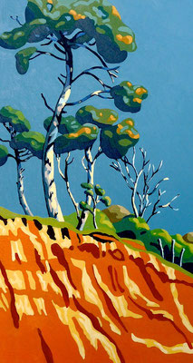 Stormy light on pines, Lepe - Acrylic on heavy card, 14 x 7 ½ inches (36 x 19 cm)