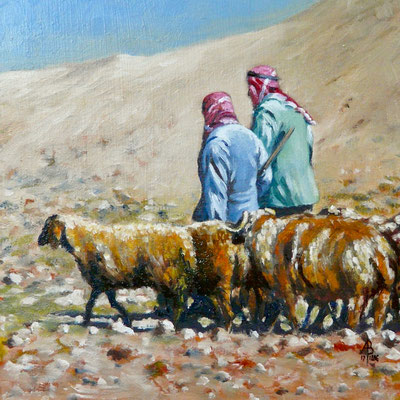Syrian shepherds - Oil, 8 x 8 inches (20 x 20 cm).  Sold through Art in the City exhibition 2018