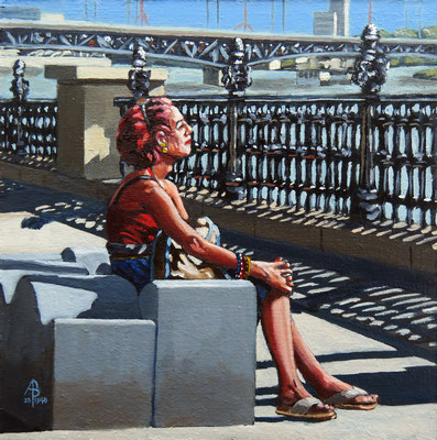 Isolation: South Bank Sunbather - Oil, 8 x 8 inches (20 x 20 cm).