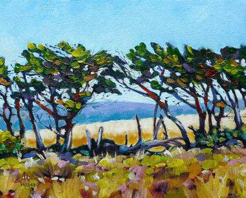 Cornfields through the trees - Oil on canvas board, 10 x 8 inches - Sold at exhibition