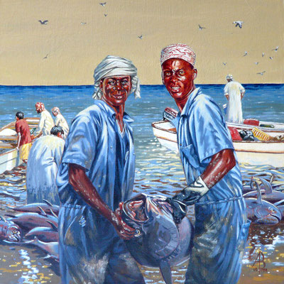 The evening catch, Oman - Acrylic on canvas board, 12 x 12 inches (30 x 30 cm)