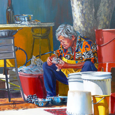 Cleaning crabs, Penang - Oil on Ampersand board, 12 x 12 inches (30 x 30 cm).  Private client USA