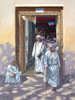 Gunseller, old souk, Nizwa - Oil on canvas board - Sold to private customer