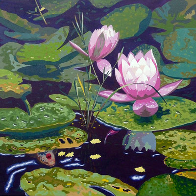 Pond life - Acrylic on canvas board, 16 x 16 inches.  Sold for the Red Cross Ukraine appeal