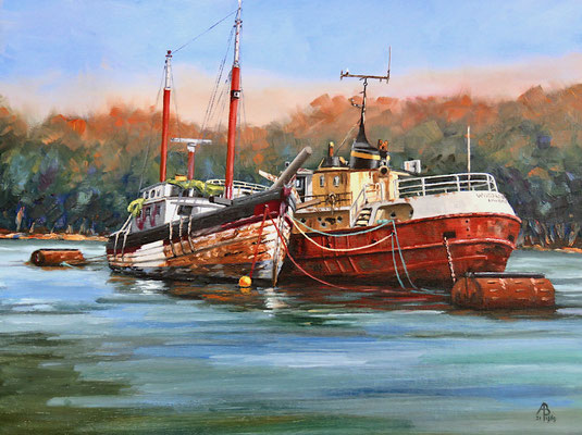 Old Shipmates, River Fal, Cornwall - Oil, 12 x 16 inches (30 x 40 cm).  10th Place Light Space & Time worldwide Seascape competition 2021 (Paint and Other Media)